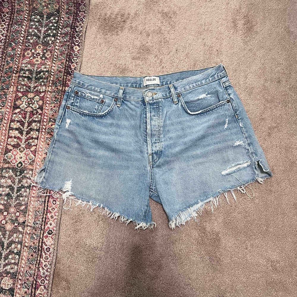 Agolde Light Blue Distressed Jean Shorts